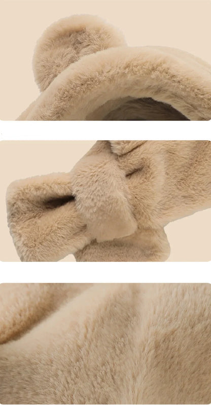 Detail shot of the secure fastening on the baby bear winter hat scarf, fits infants snugly.