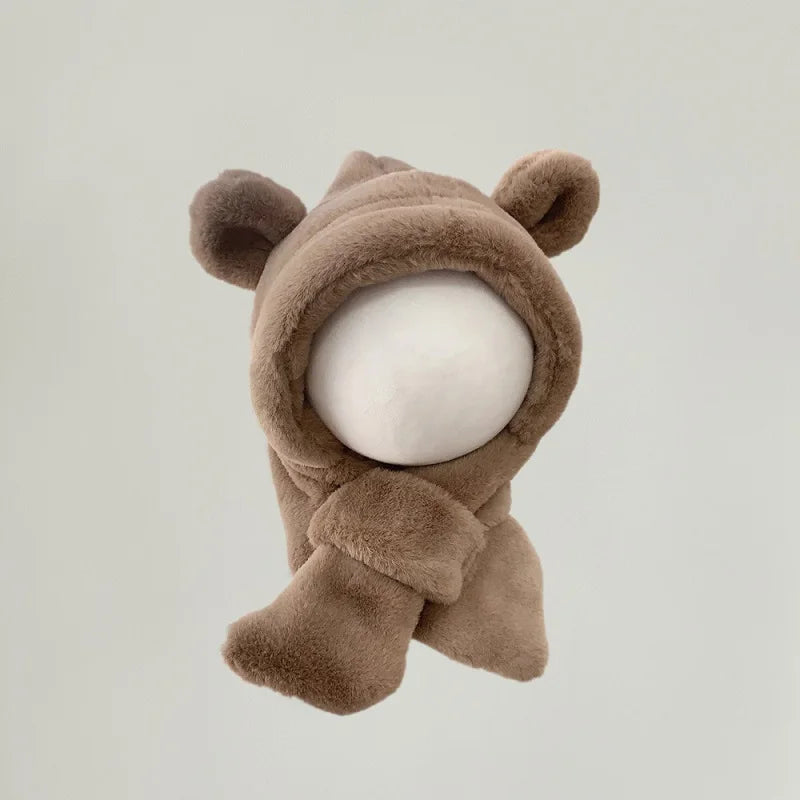 Cozy toddler bear hat with attached scarf, perfect for cold weather, unisex baby gear.