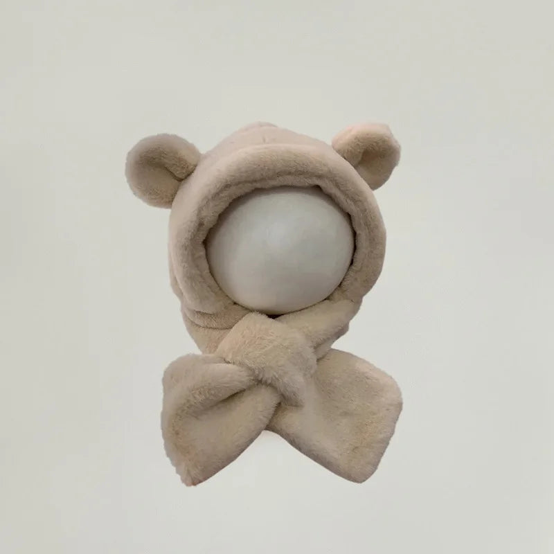 Cute infant bear hat scarf combo in neutral color, essential warm baby winter accessory.
