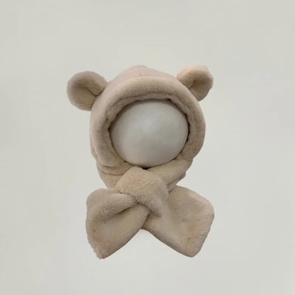 Cute infant bear hat scarf combo in neutral color, essential warm baby winter accessory.