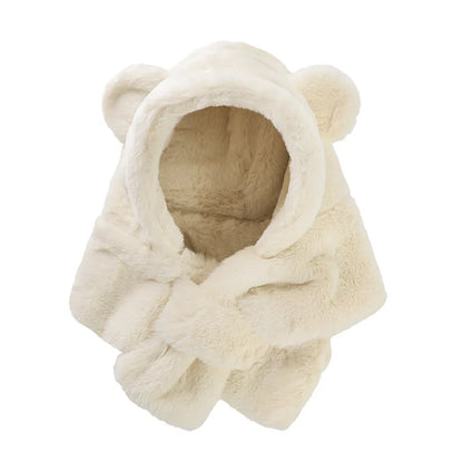 Soft fleece-lined baby bear hat and long scarf, provides full warmth for infants.