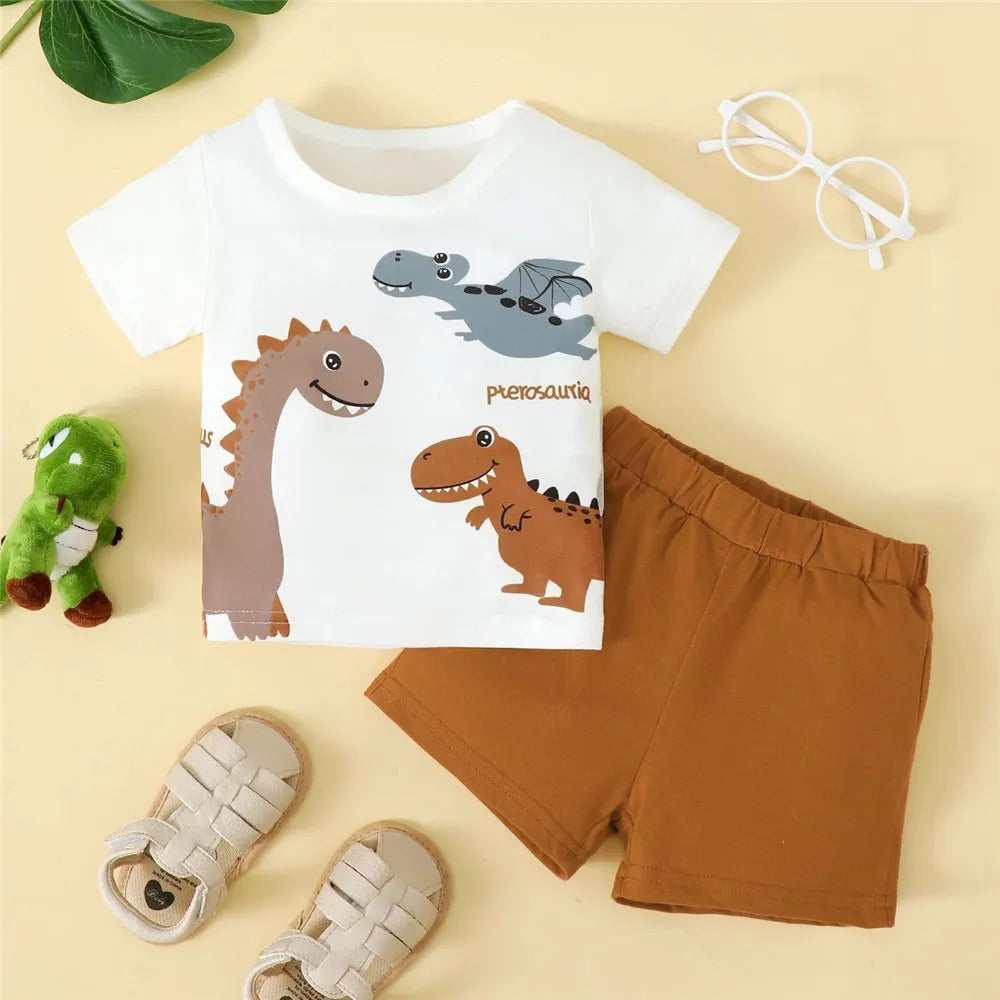 Adorable baby boy dinosaur tee and shorts outfit set, perfect for summer playwear