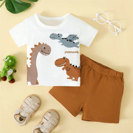 Adorable baby boy dinosaur tee and shorts outfit set, perfect for summer playwear