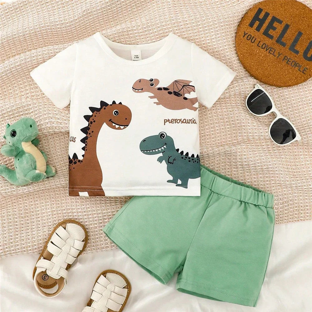 Baby boy apparel: vibrant dinosaur tee and matching shorts for playful infant fashion