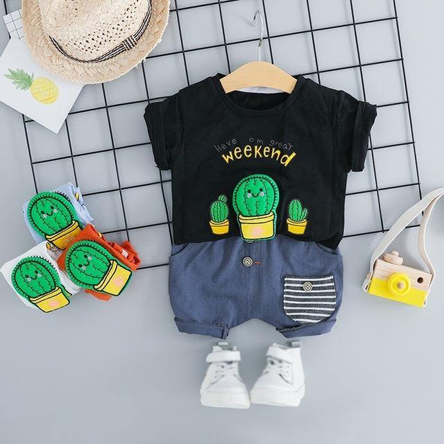 Full view of a baby boy's cactus print short sleeve romper, comfortable and stylish for summer.