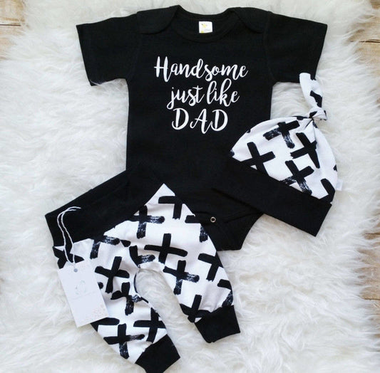 Adorable baby boy's striped romper and matching pants set for comfortable infant wear.
