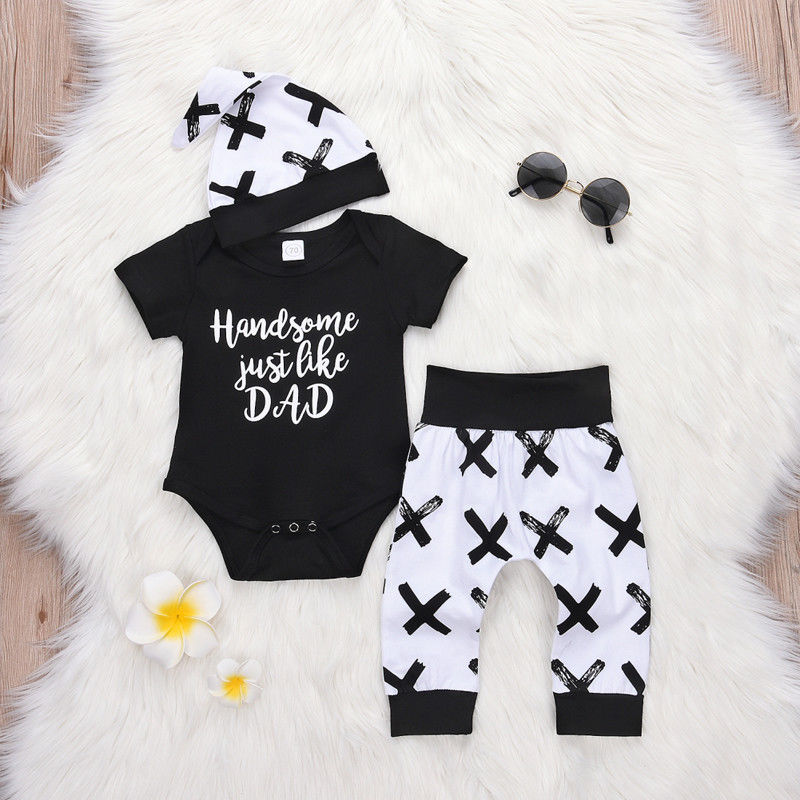Cute newborn clothes: blue and white striped baby boy romper with solid blue pants, a perfect matching infant set.