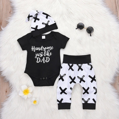 Cute newborn clothes: blue and white striped baby boy romper with solid blue pants, a perfect matching infant set.