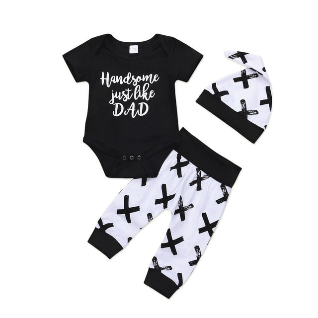 Baby boy outfit gift idea: a stylish striped infant romper and matching pants set in cozy cotton.