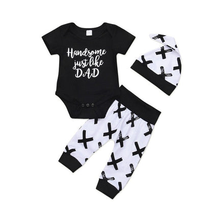 Baby boy outfit gift idea: a stylish striped infant romper and matching pants set in cozy cotton.