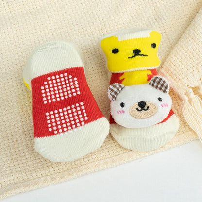 Cute non-slip cotton baby socks with a brown bear cartoon doll design for newborns