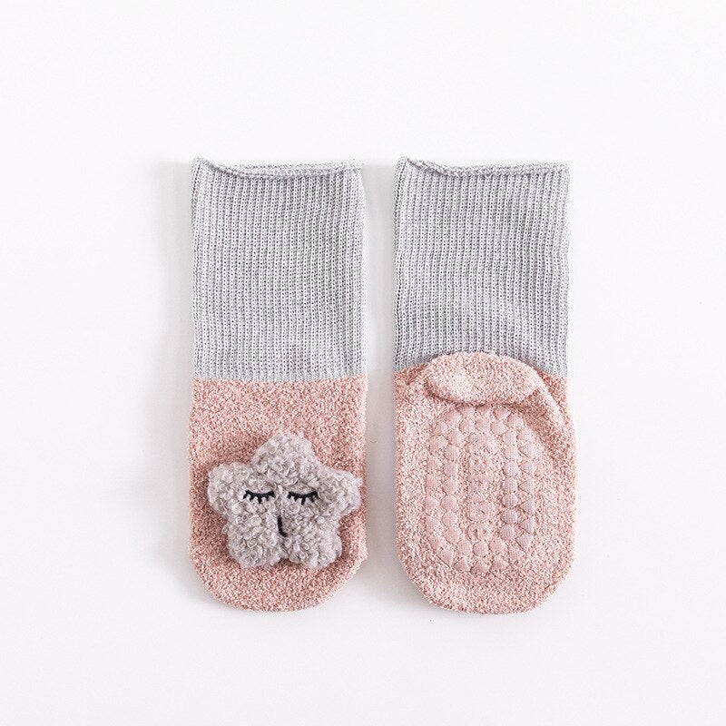 Comfortable baby owl cartoon non-slip terry socks, made from breathable cotton for active toddlers.