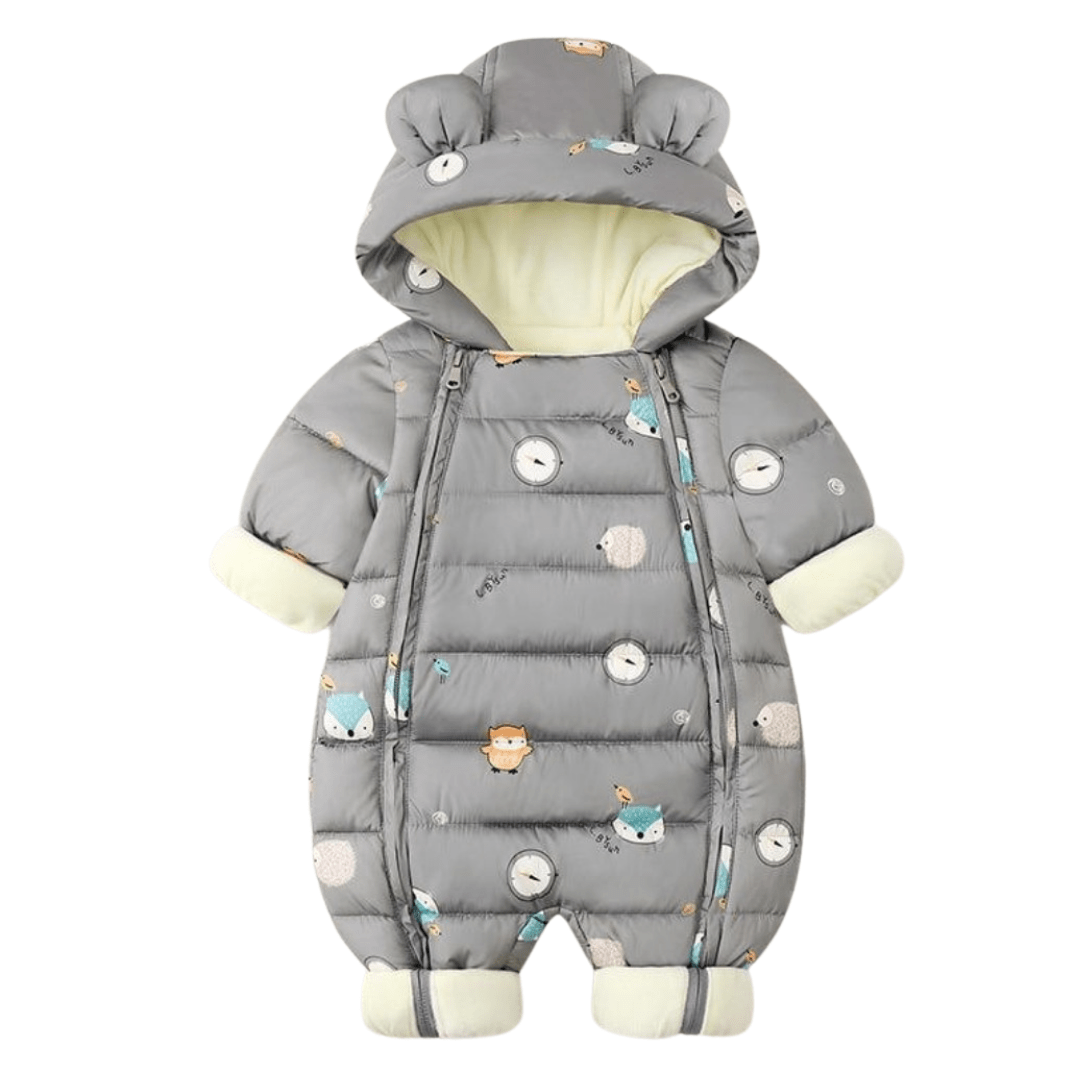Warm baby jumpsuit with cute cartoon print and hood, perfect for winter