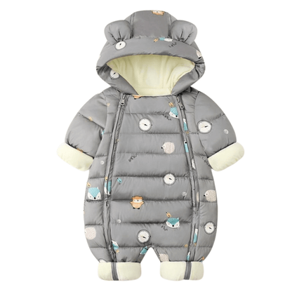 Warm baby jumpsuit with cute cartoon print and hood, perfect for winter