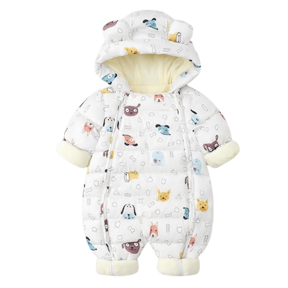Cozy baby winter clothing: hooded parka jumpsuit with playful cartoon design