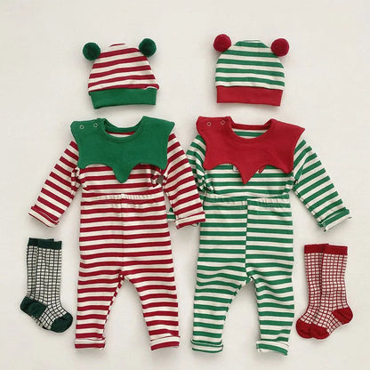 Adorable baby Christmas pajama set with red and white stripes, including a removable Santa hat for festive look.
