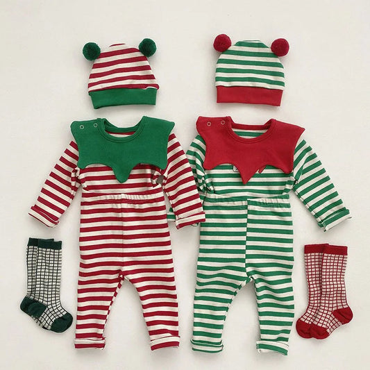 Adorable baby Christmas pajama set with red and white stripes, including a removable Santa hat for festive look.