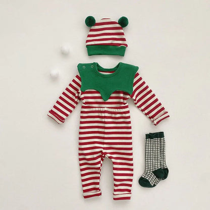 Cute infant Christmas sleepwear set with long sleeves and pants, plus a removable festive hat, perfect for holidays.