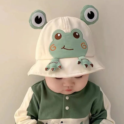 Overhead view of a baby frog bucket hat, showing the full design and shape. Toddler sun protection.