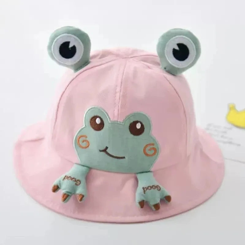 Set of two baby frog bucket hats, one green, one light green, for infants. Cute sun protection.