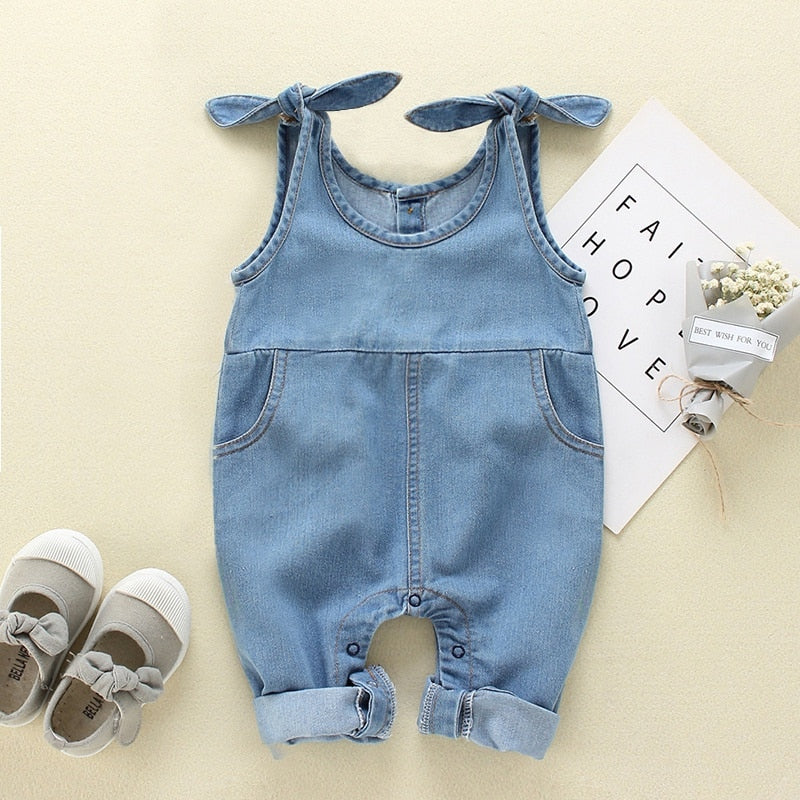 Cute ruffled denim romper for baby girls, comfortable summer outfit for toddlers.