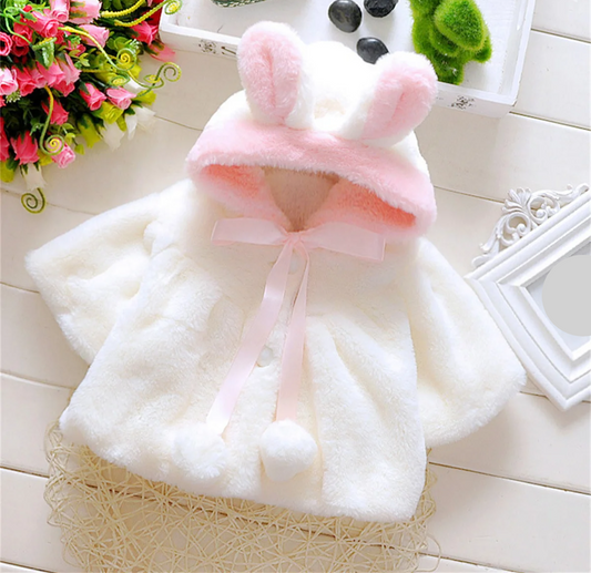 Adorable baby girl hooded cartoon sweater shawl, pink plush jacket for toddlers