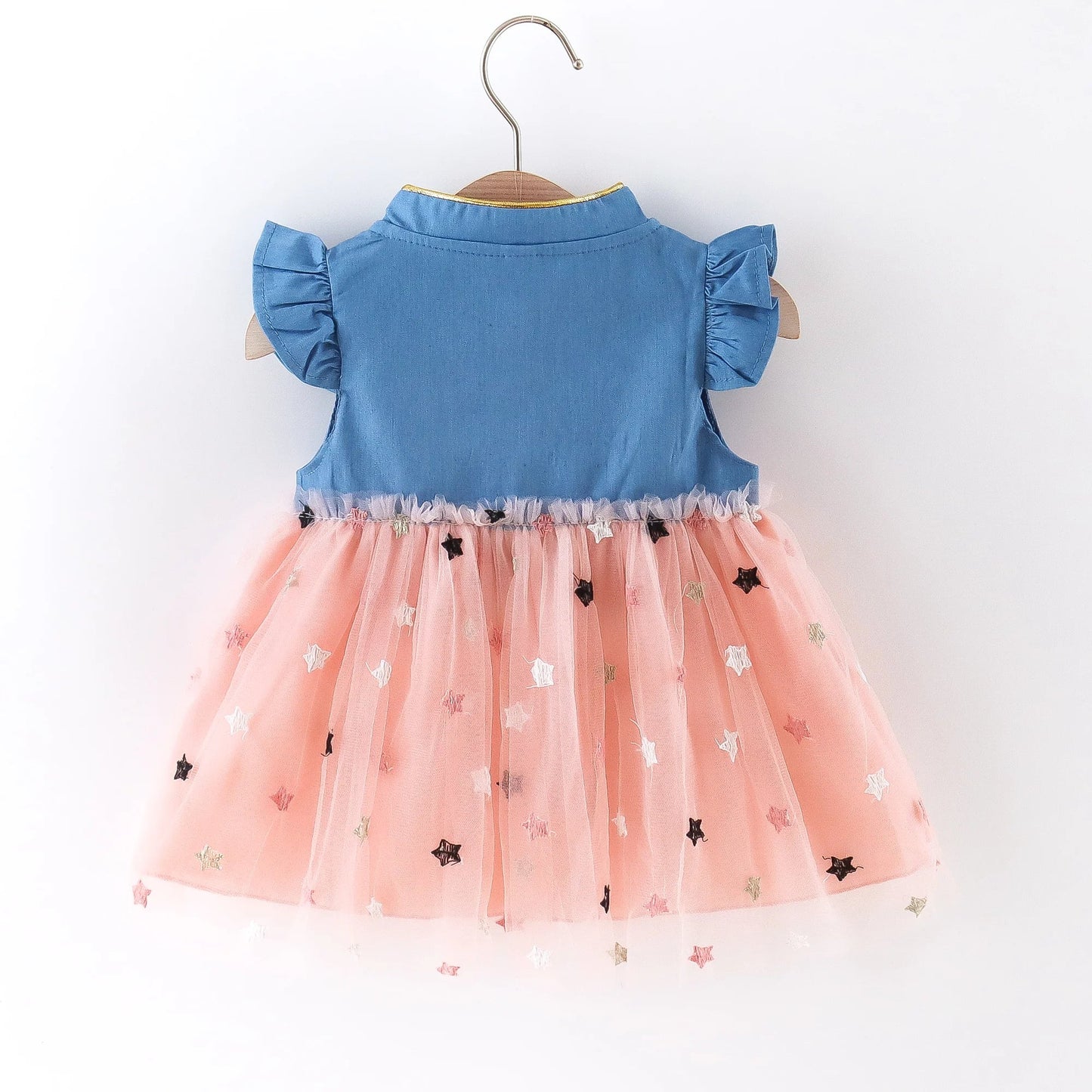 Back view of a girls' denim dress featuring cute flying sleeves and a comfortable fit.