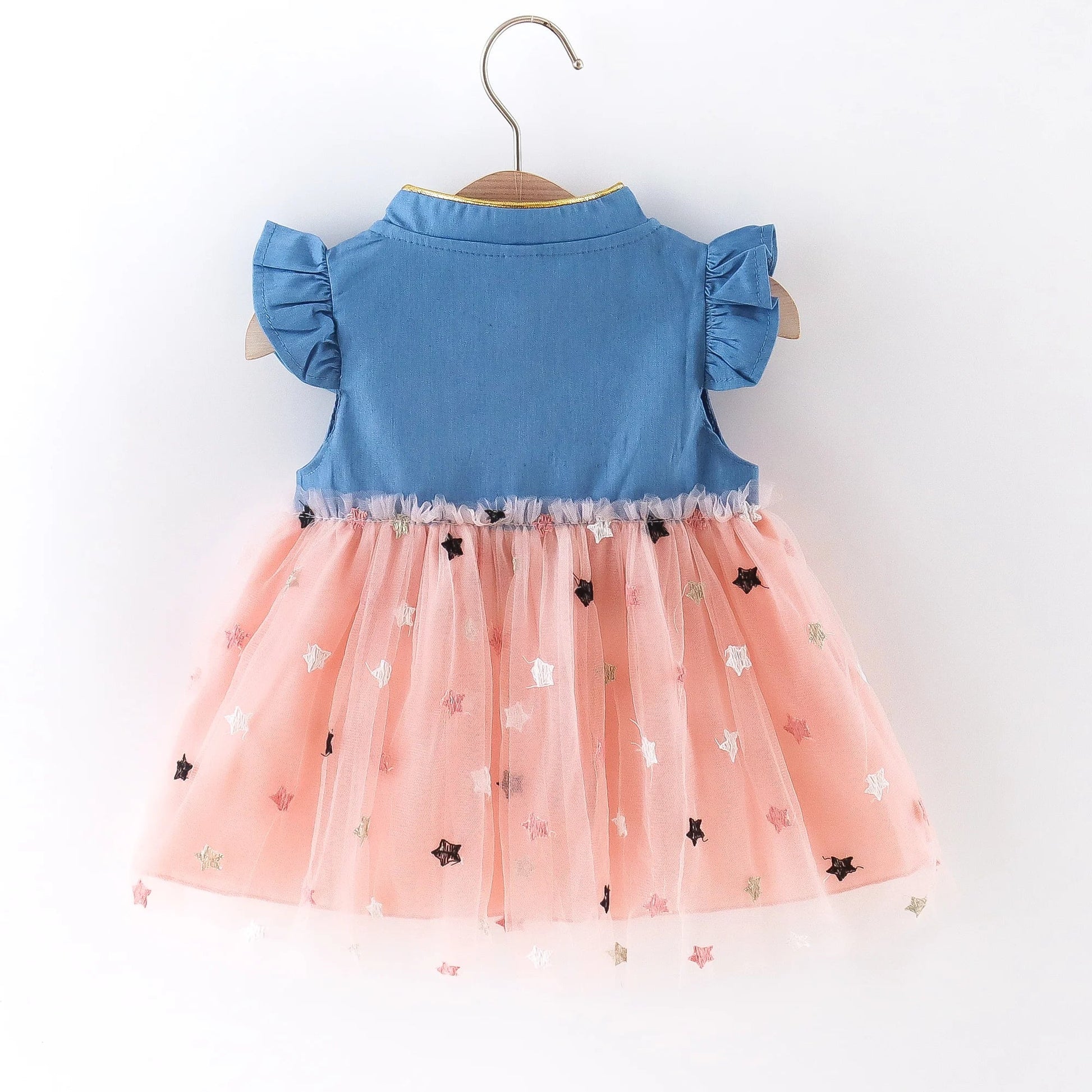 Back view of a girls' denim dress featuring cute flying sleeves and a comfortable fit.