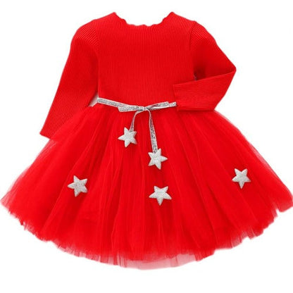 Adorable baby girl in a long sleeve mesh star party dress, perfect for birthdays & fall/winter fashion.