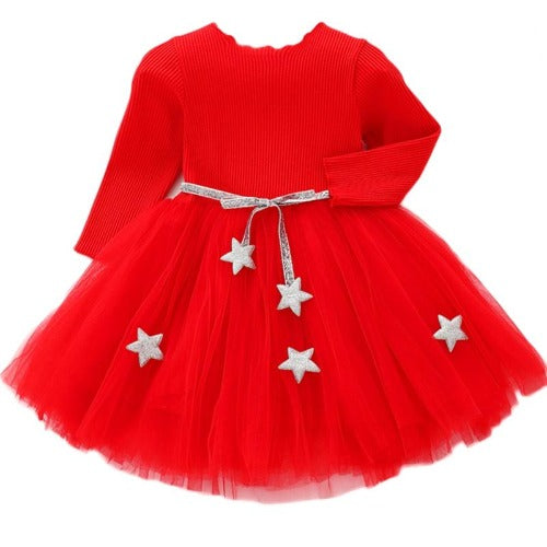 Adorable baby girl in a long sleeve mesh star party dress, perfect for birthdays & fall/winter fashion.