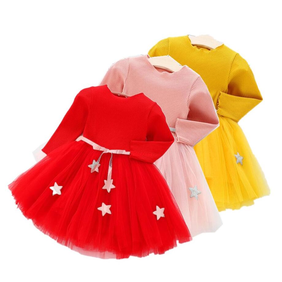 Chic infant girl's long sleeve mesh star dress, a comfortable and stylish outfit for baby special occasions.