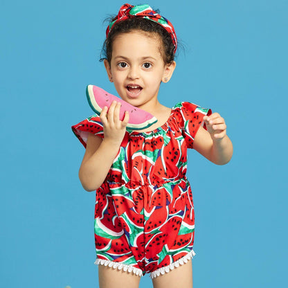 Cute infant girl's cotton blend swimsuit featuring a vibrant watermelon pattern, paired with a stylish headband