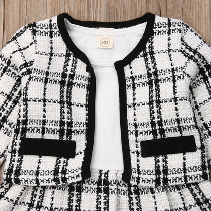 Kids clothing set: red plaid coat and black tutu dress, ideal for birthday parties
