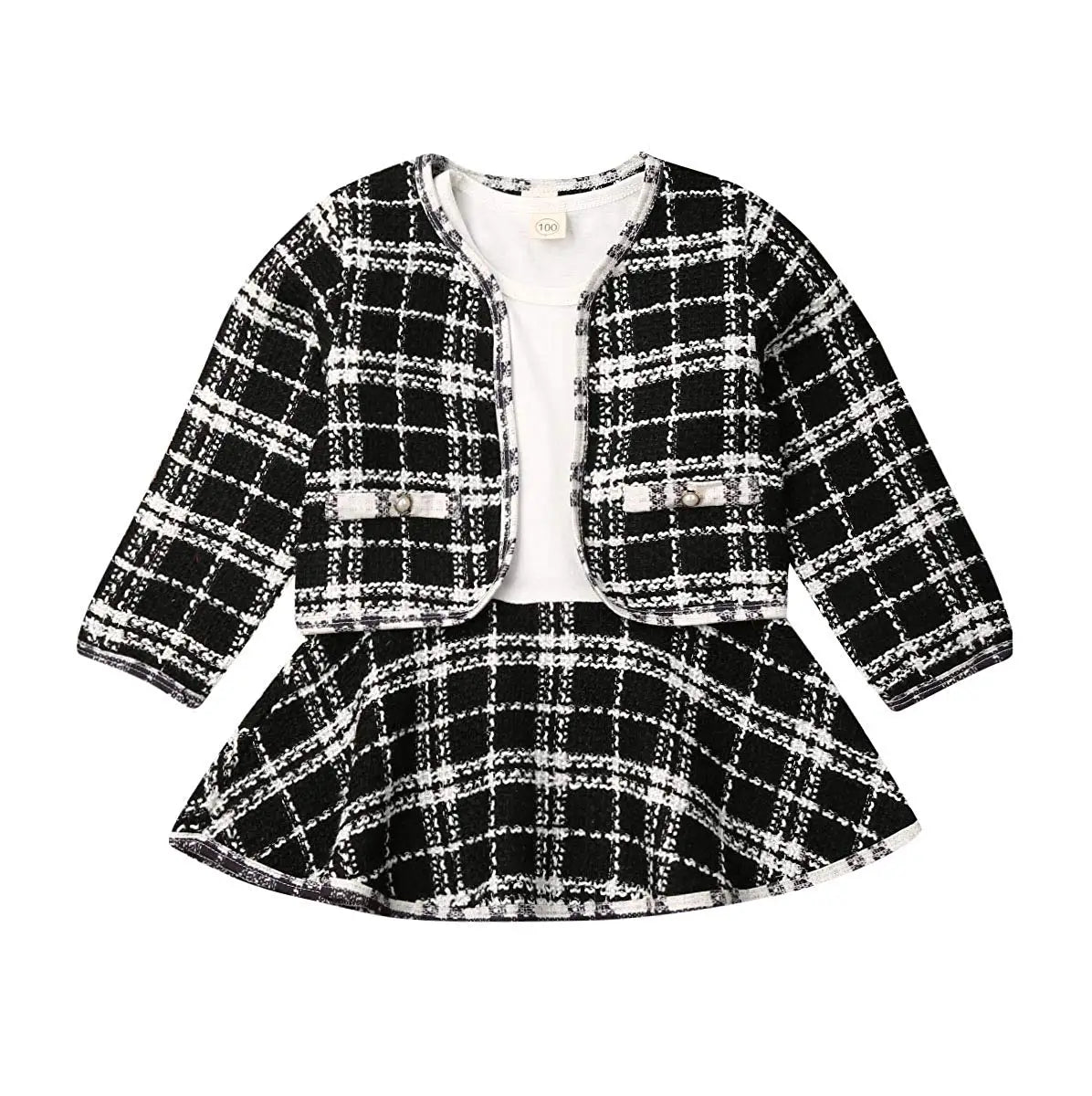 Baby girl autumn outfit: warm red plaid coat over a stylish black tutu formal dress