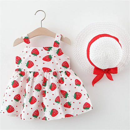 Toddler girl's summer outfit: pink strawberry print dress and wide-brimmed sun hat, cotton blend.