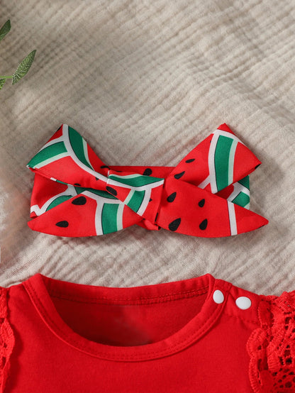 Toddler girl's summer outfit featuring a frilly watermelon skirt and matching headband
