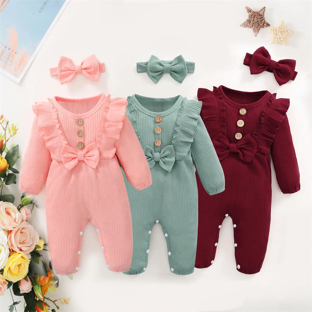 Adorable baby girl romper set, pink cotton blend, long sleeve infant clothing