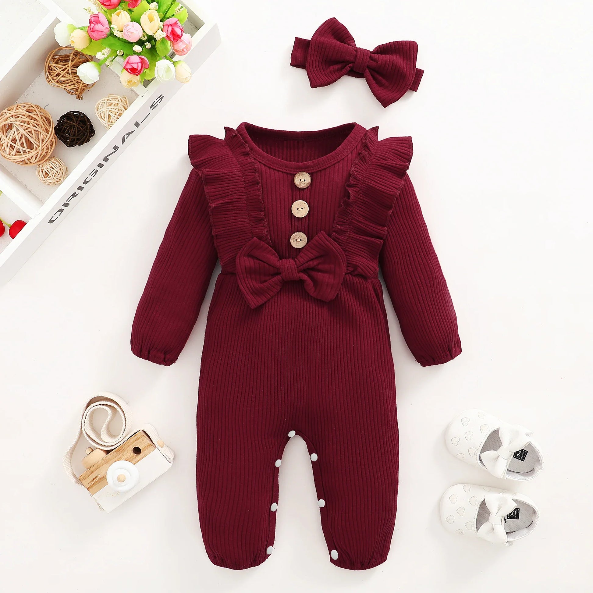 Adorable newborn outfit: pink cotton blend baby girl romper, long sleeve comfort