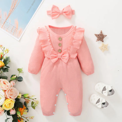 High-quality pink cotton blend baby romper for girls, long sleeve infant wear