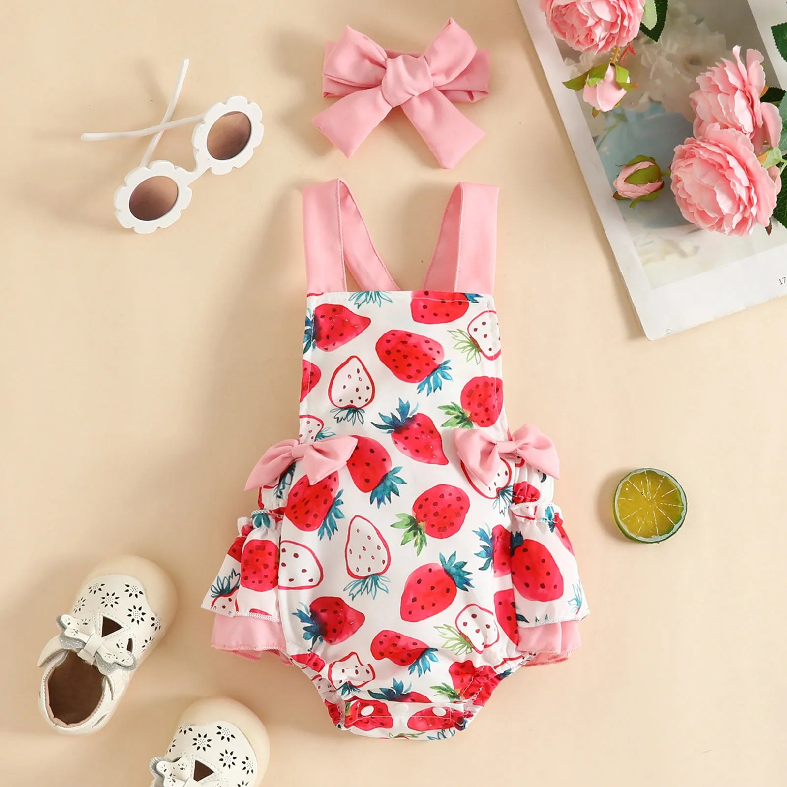 Girls' summer romper with sweet strawberry pattern and coordinating headband for baby fashion.