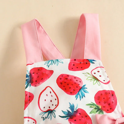 Baby girl's strawberry print romper set with an elastic headband, ideal for warm weather.