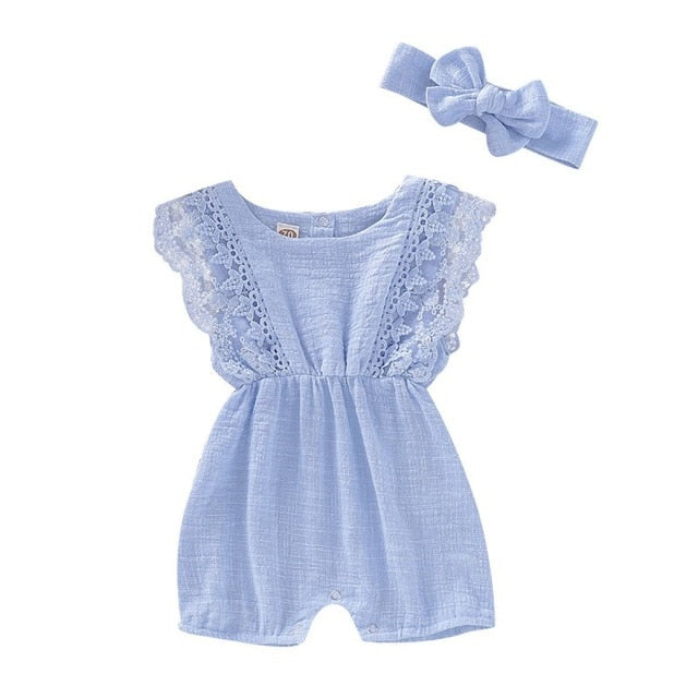 Infant girl's breathable floral print cotton romper with a stylish matching headwrap