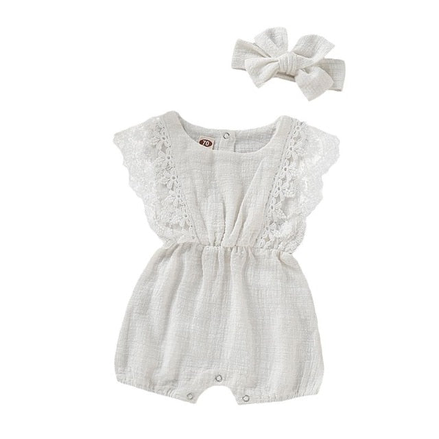 Newborn essentials: baby girl's summer outfit, a sweet cotton romper and stretchy headband set