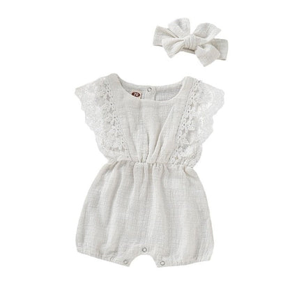 Newborn essentials: baby girl's summer outfit, a sweet cotton romper and stretchy headband set