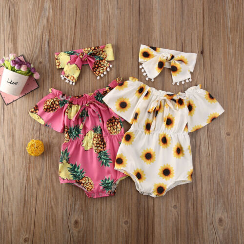 Adorable baby girl's sunflower print cotton romper with matching headband, perfect for summer playsuit fashion.