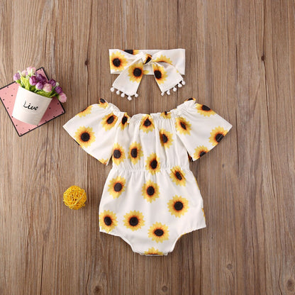Infant baby girl's sunflower romper and headband set. Cute cotton summer outfit for toddler fashion.