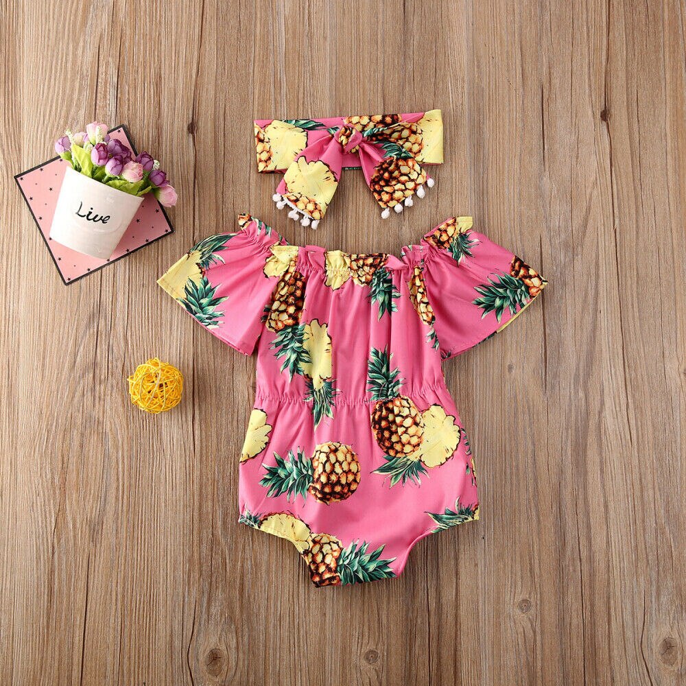Soft cotton baby girl sunflower romper with ruffled sleeves & matching headband. Adorable summer infant set.