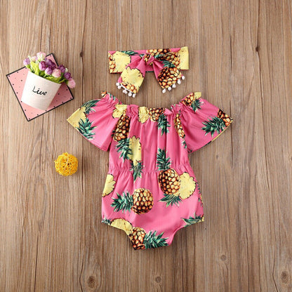 Soft cotton baby girl sunflower romper with ruffled sleeves & matching headband. Adorable summer infant set.