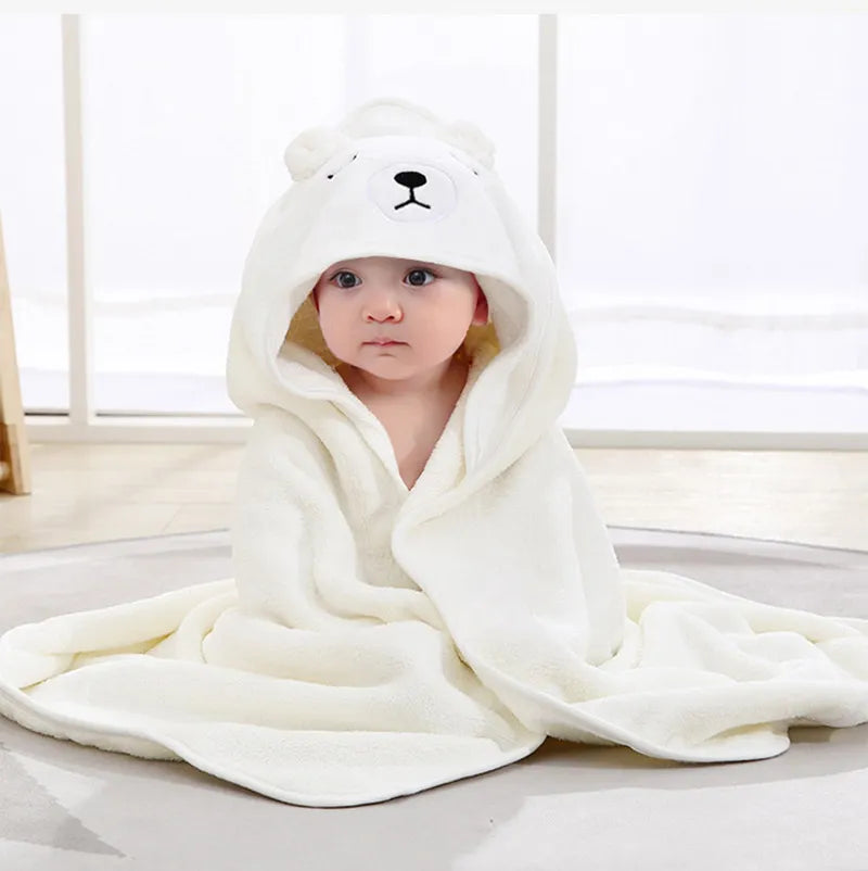 Charming hooded baby bath towel with an embroidered cartoon animal face, very soft