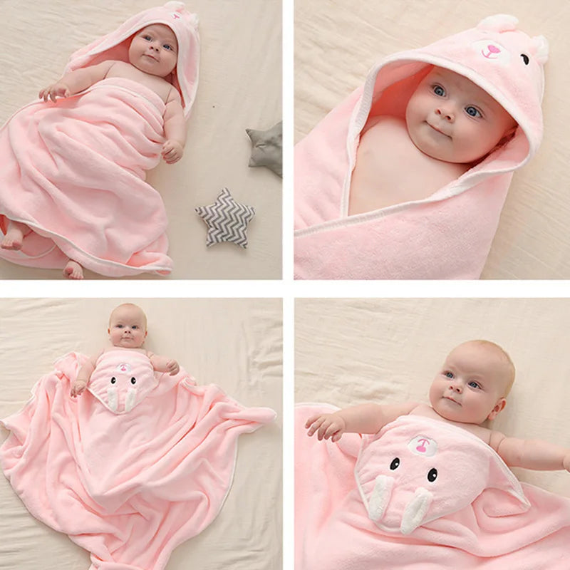 Soft infant hooded towel with friendly animal ears, highly absorbent for baby bathing time